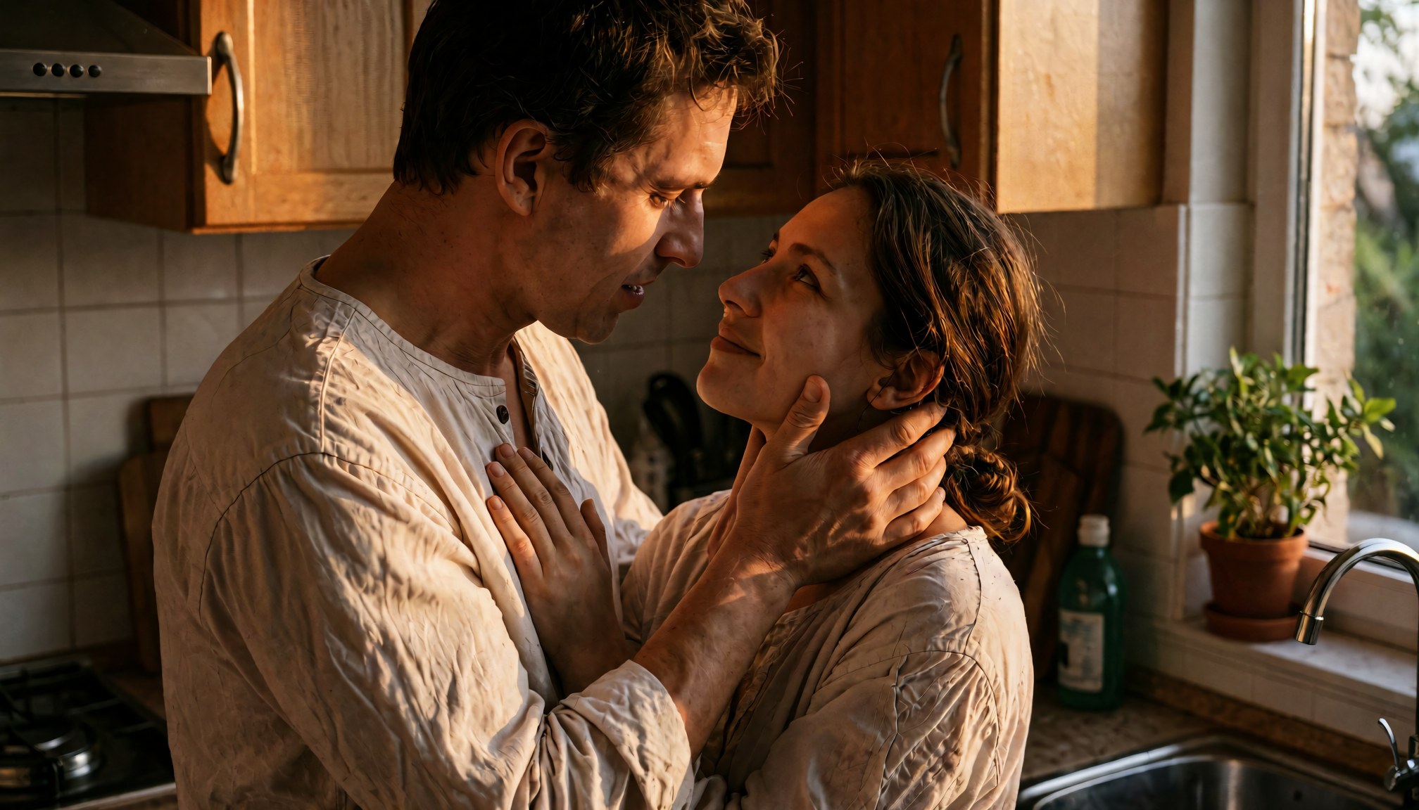 Un couple partage un moment tendre dans la cuisine, geste et parole simples pour dire un compliment sincère