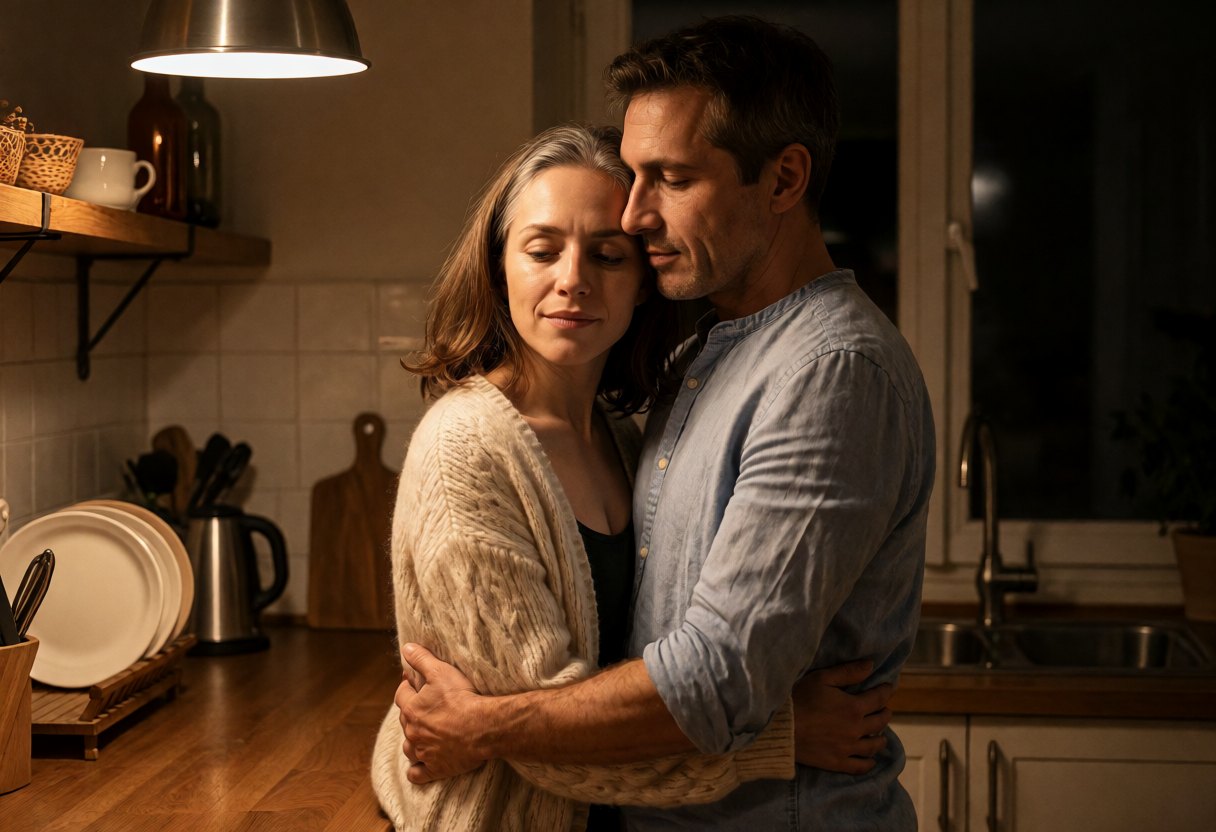 Un couple d'une cinquantaine d'années enlacé dans sa cuisine en fin de soirée, elle la tête posée sur l'épaule de son compagnon, dans une lumière chaude.