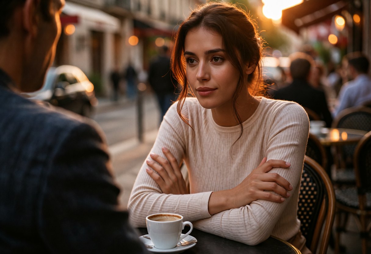 Une femme à la terrasse d'un café, bras croisés et sourire pensif, écoute son interlocuteur dans la lumière dorée du soir.