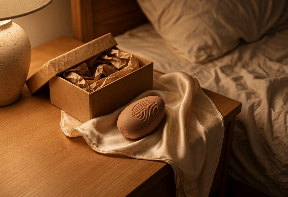 Un petit vibromasseur couleur sable posé sur un foulard de soie, près d'une boîte cadeau ouverte, sur une table de nuit éclairée par une lampe chaude.