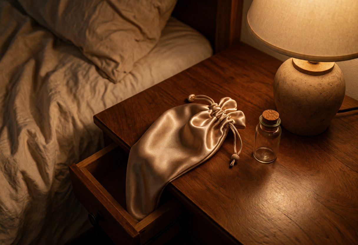 Un tiroir de chevet entrouvert laisse dépasser un pochon de satin, près d'un petit flacon de verre et d'une lampe allumée.