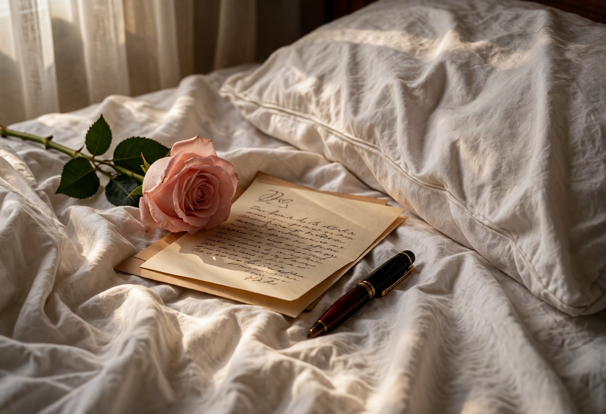 Une lettre pliée, son enveloppe, un stylo et une fleur posés sur un oreiller froissé, dans la lumière douce du matin.