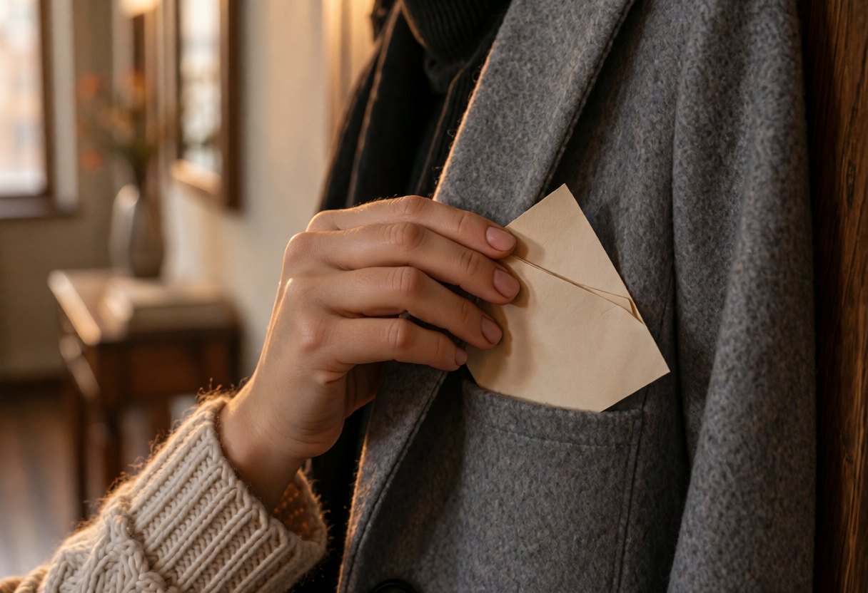 Une main glisse discrètement un petit papier plané dans la poche d'un manteau de laine, dans l'entrée d'un appartement au petit matin.