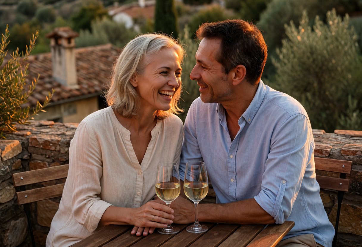 Un couple d'une cinquantaine d'années rit sur une terrasse au coucher du soleil, leurs mains se frôlent près de deux verres de vin.