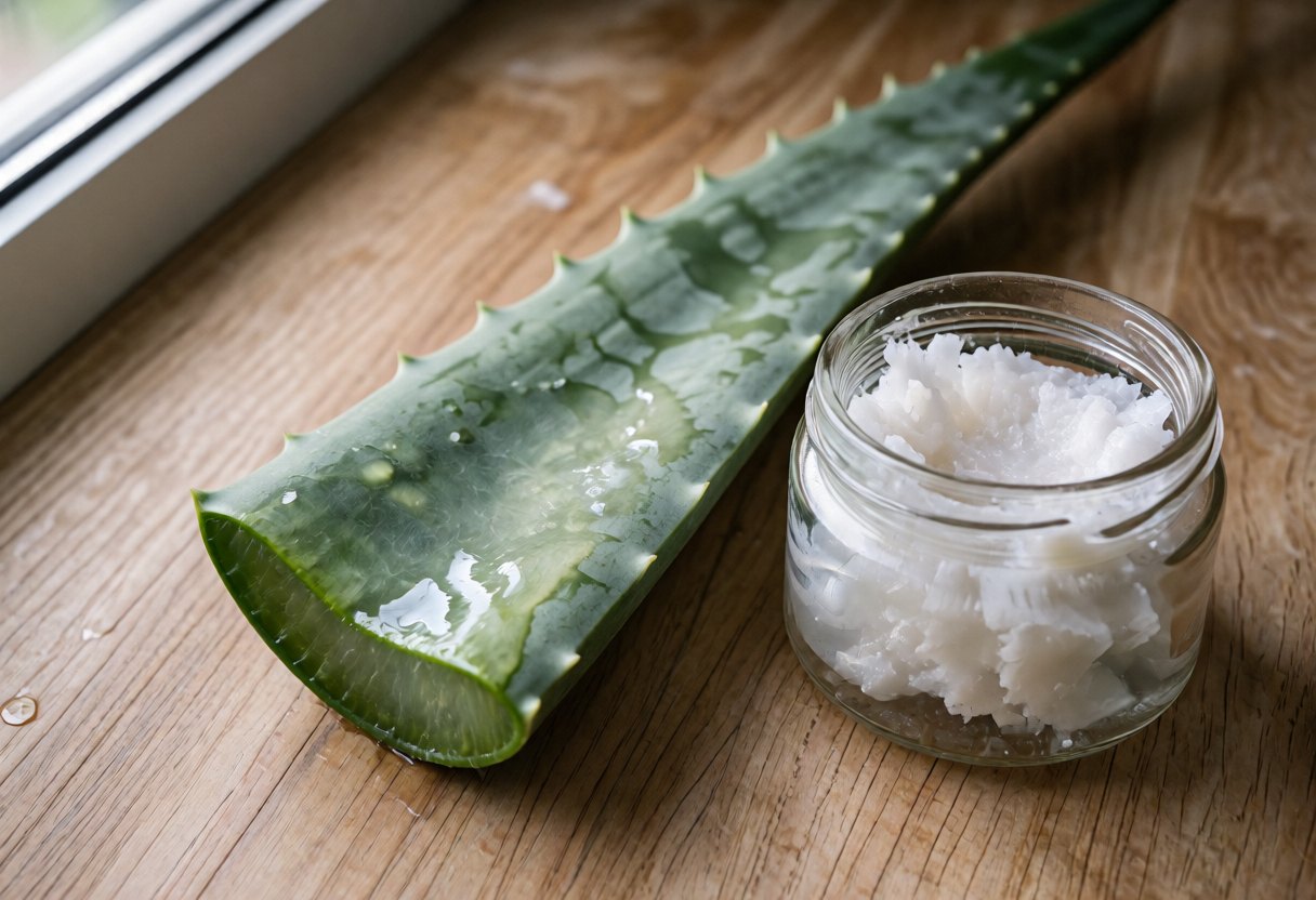 Feuille d'aloe vera coupée, bocal de gel transparent et pot d'huile de coco sur un plan de travail en bois clair