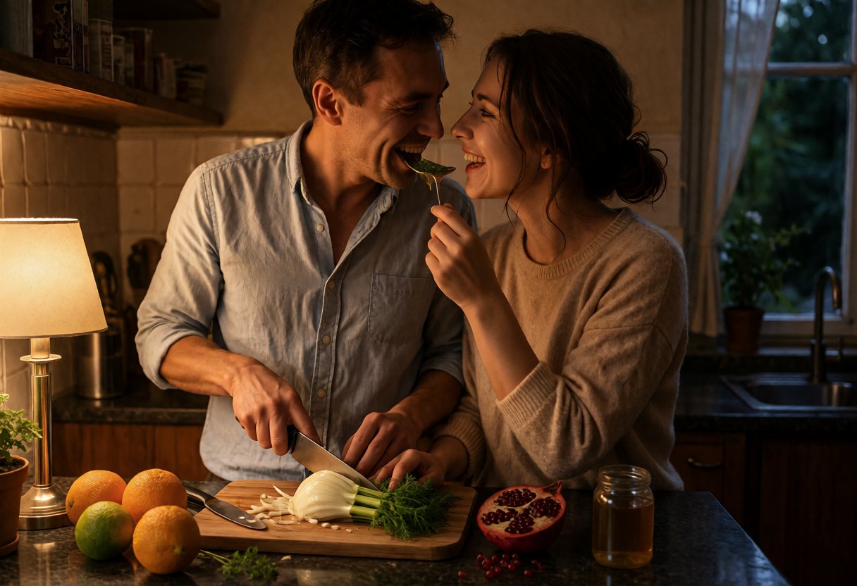 Un couple rit en cuisinant côte à côte : l'un émince un fenouil, l'autre lui fait goûter la sauce à la cuillère.