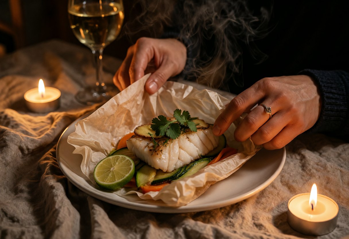 Deux mains ouvrent une papillote de cabillaud dans un nuage de vapeur, sur une table de dîner aux bougies