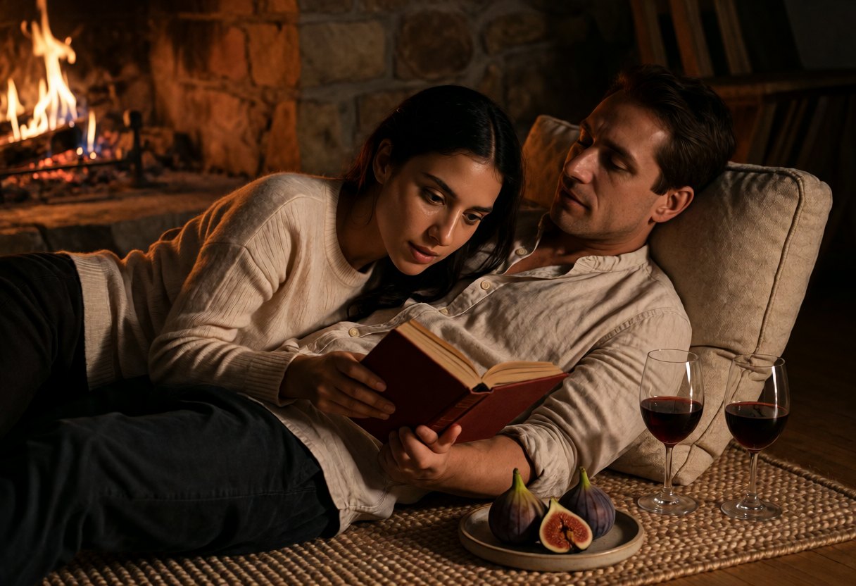 Un couple allongé sur un tapis devant la cheminée, elle lui lit un texte à voix basse, des figues et du vin à portée de main.